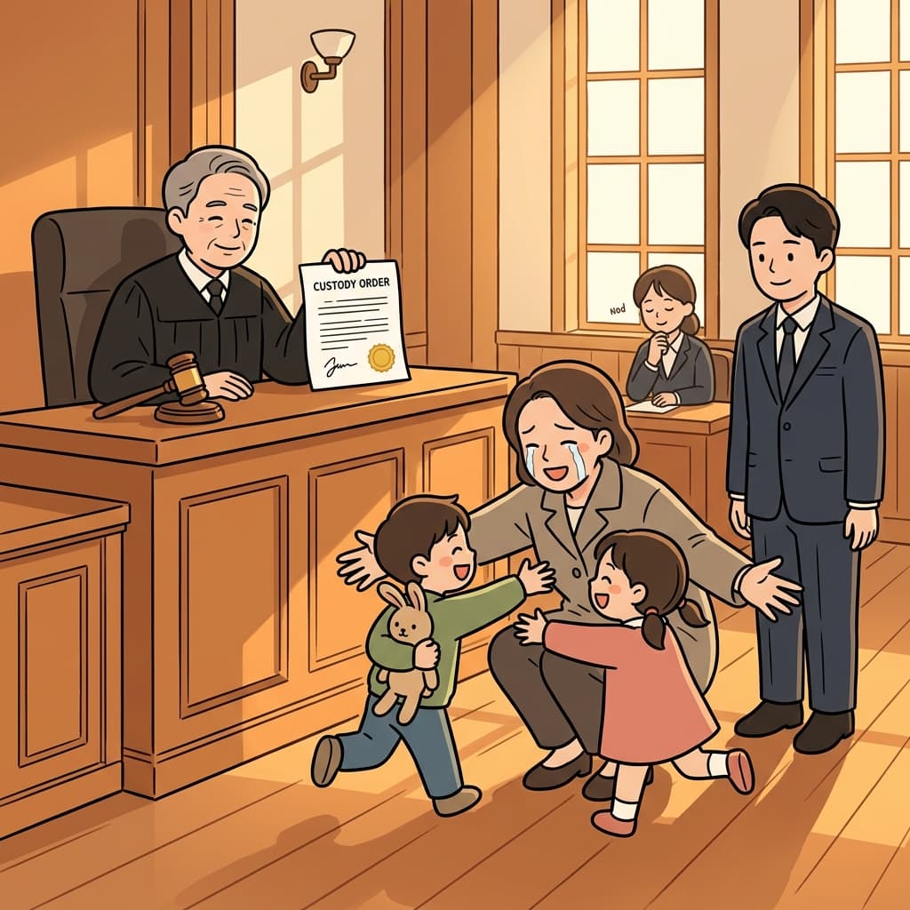 The court granted her sole custody of the two children after the long hearing.
