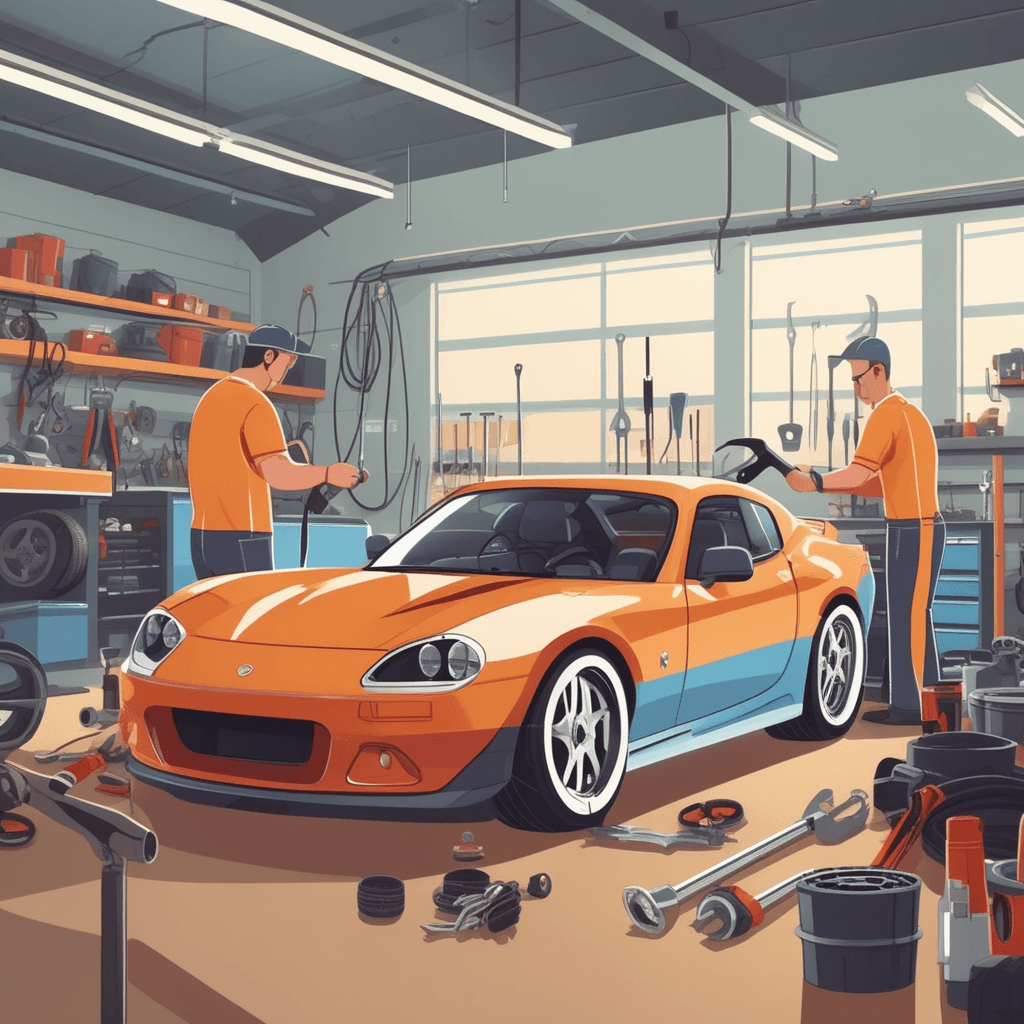 a skilled mechanic puts the finishing touches on a sports car with unique modifications. The car features special racing stripes, custom wheels, and a personalized hood design that matches the owner's preferences. The car owner stands beside the mechanic, pointing excitedly at specific details they requested. Before the modifications, the car was plain and standard, but now it reflects the owner's individual style completely. Other mechanics work on different vehicles in the background, each car getting unique treatments. a product being modified and built according to individual requirements