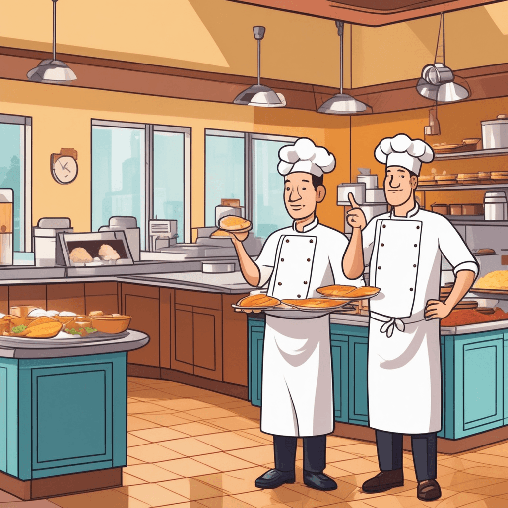 a restaurant owner holds up two different ingredient options while talking to the chef. The owner points to a less expensive but quality alternative ingredient instead of the premium option. The chef nods in agreement as they compare the two choices on the counter. Other kitchen staff nearby organize supplies more efficiently to avoid waste. the active process of reducing expenses and spending through smart choices