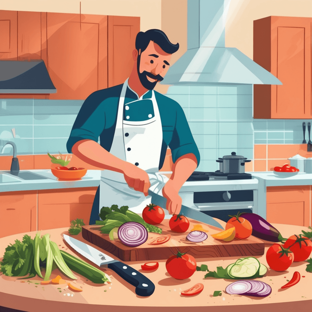 a chef carefully slices colorful vegetables on a large wooden cutting board with a sharp knife. Fresh tomatoes, onions, and peppers are being cut into neat pieces as the blade moves precisely. The cut vegetables pile up on one side of the board while whole vegetables wait their turn. A family member watches nearby, reaching for the freshly cut ingredients to add to a cooking pot. a flat board being used in the kitchen for cutting food items such as vegetables, meat, or bread