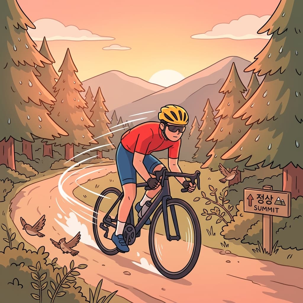The cyclist speeds down the mountain trail at sunrise.