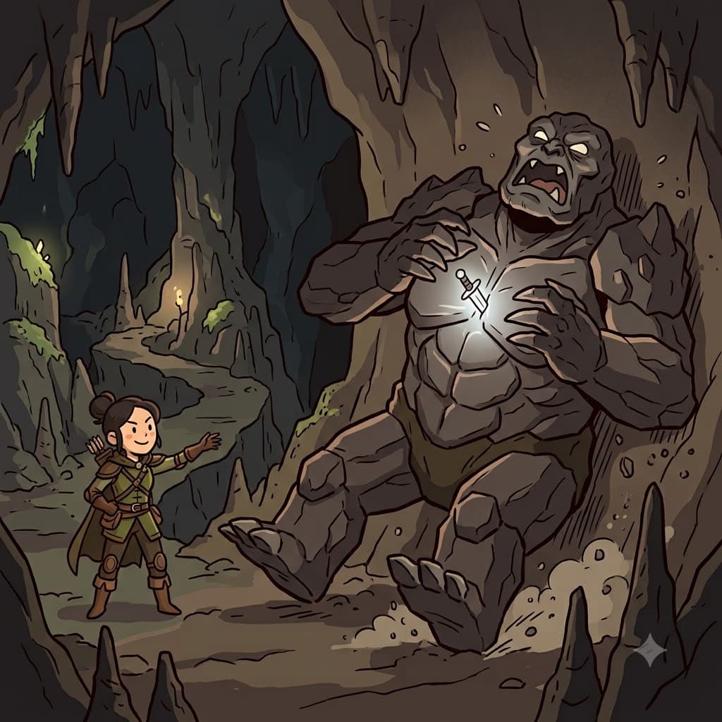 The giant monster began to stagger after being pierced by the tiny dagger.