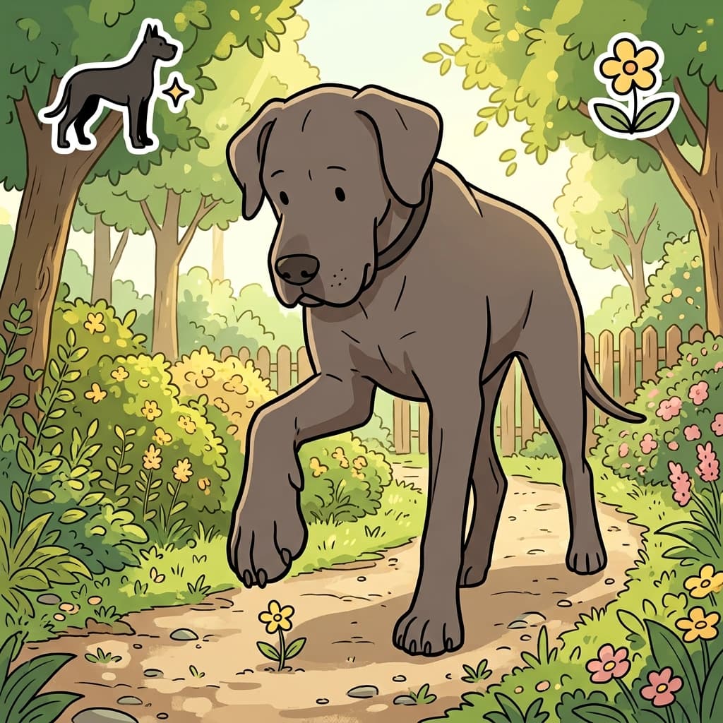 DANE(Great Dane) + TY(tiny) — the giant Dane took a tiny, dainty step over the flower.