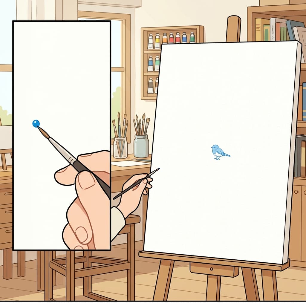 With just one drop of paint, she drew a dainty little bird.