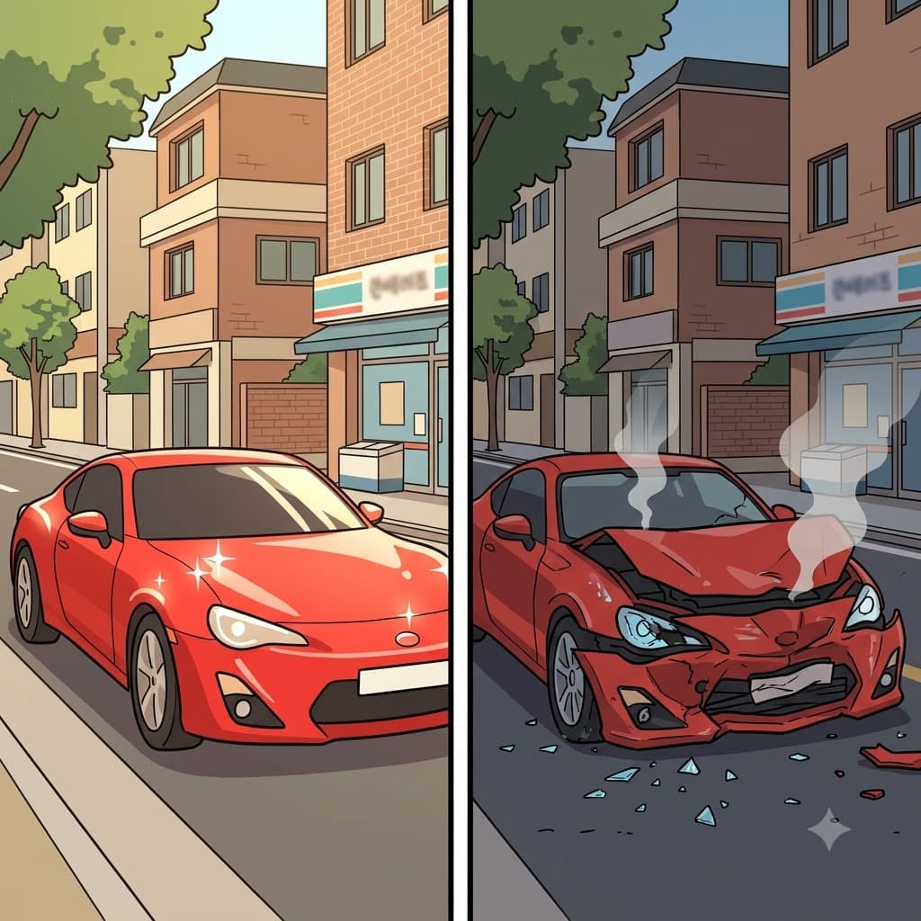 While the brand-new car looked completely shiny and clean, the crashed car suffered heavy damage after the accident.
