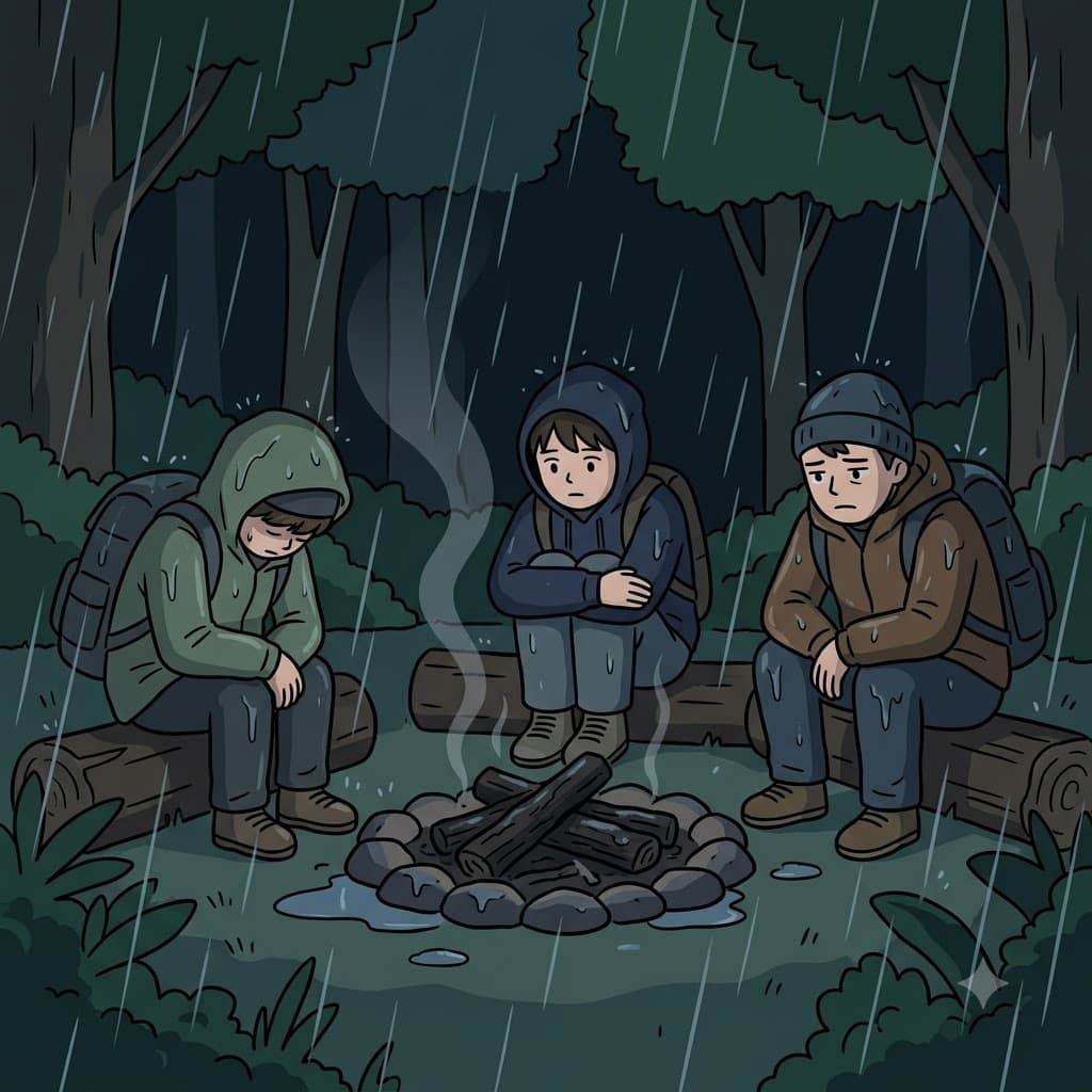 The sudden heavy rain dampened the roaring campfire and the campers' cheerful mood.