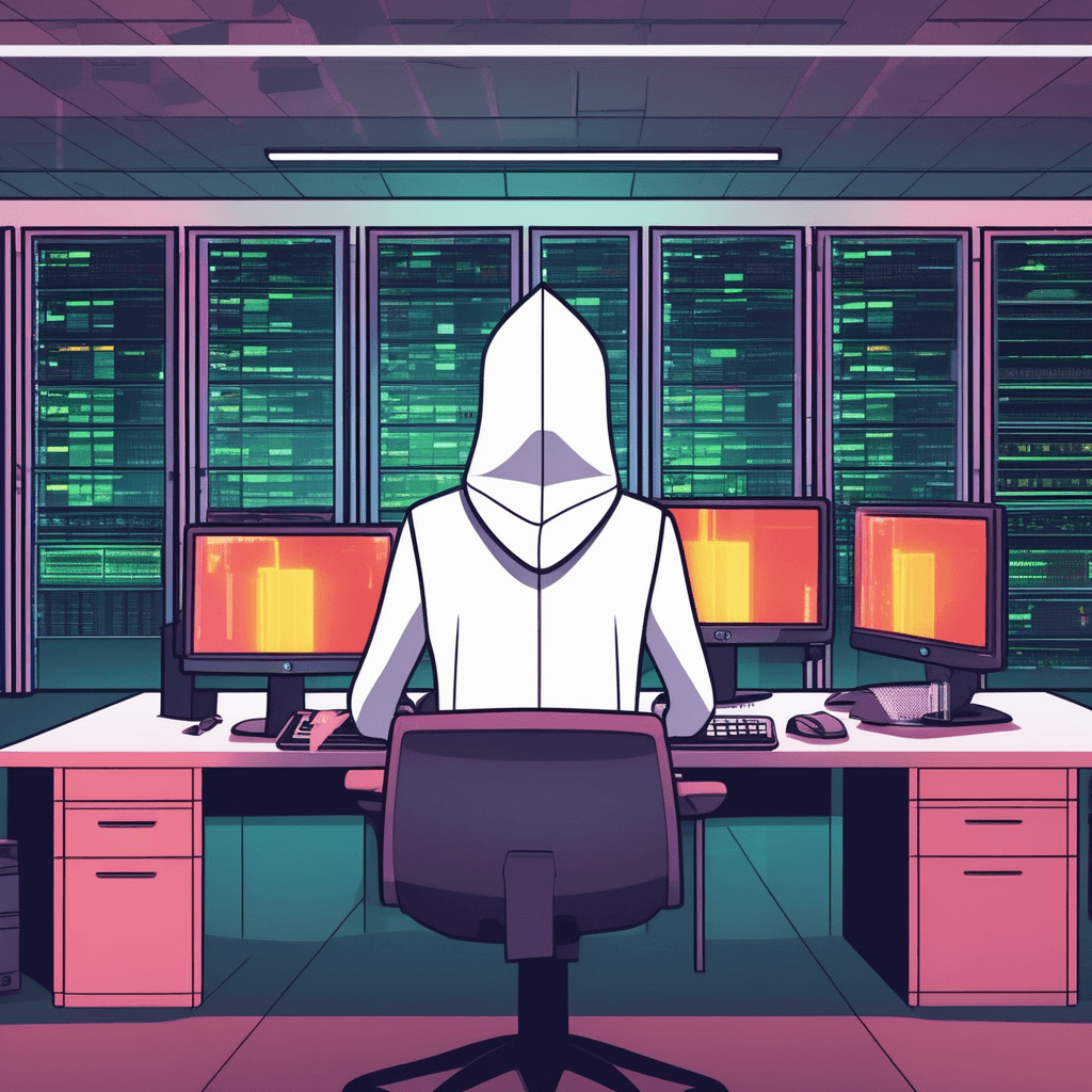 a hooded figure sits at multiple glowing computer monitors displaying personal files and documents. The hacker's fingers rapidly type on keyboards as sensitive data scrolls across the screens. Security cameras in the corner have been disabled with wires hanging loose. File cabinets stand open with papers scattered on the floor showing the break-in occurred. Office workers' personal photos and confidential documents are visible on the screens being copied. Other monitors show progress bars indicating data transfer to external devices. incidents where personal, confidential, or protected information is accessed, stolen, or used by unauthorized individuals