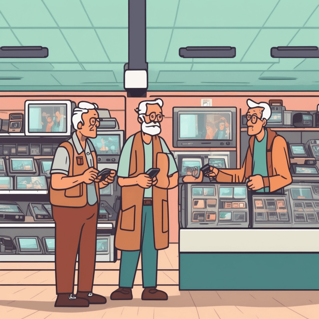 an elderly customer holds up an old flip phone while examining it with confusion. A young store employee shows him a sleek modern smartphone with a touchscreen. The customer looks puzzled by the difference between the two devices. The employee points to various modern features while other customers in the background use current technology. Everyone around them carries modern devices while the old phone looks clunky and primitive. technology that is old-fashioned and no longer considered modern or relevant