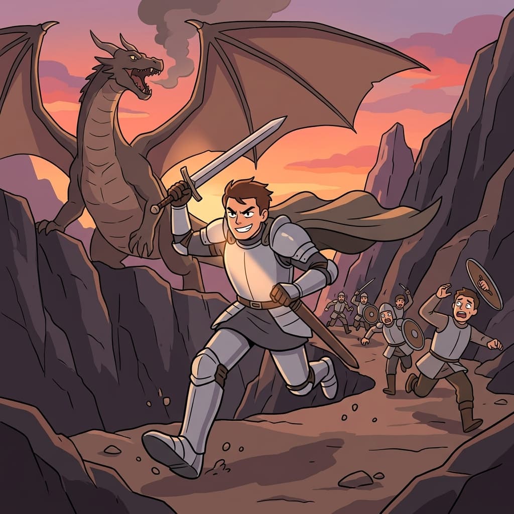 The dauntless knight charges the dragon alone while others flee.