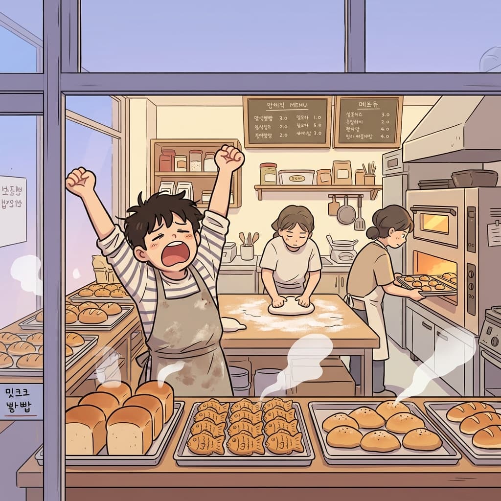 At dawn, the baker stopped yawning and happily baked fresh bread.