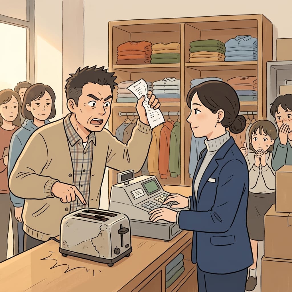 The manager calmly deals with an angry customer at the return counter.