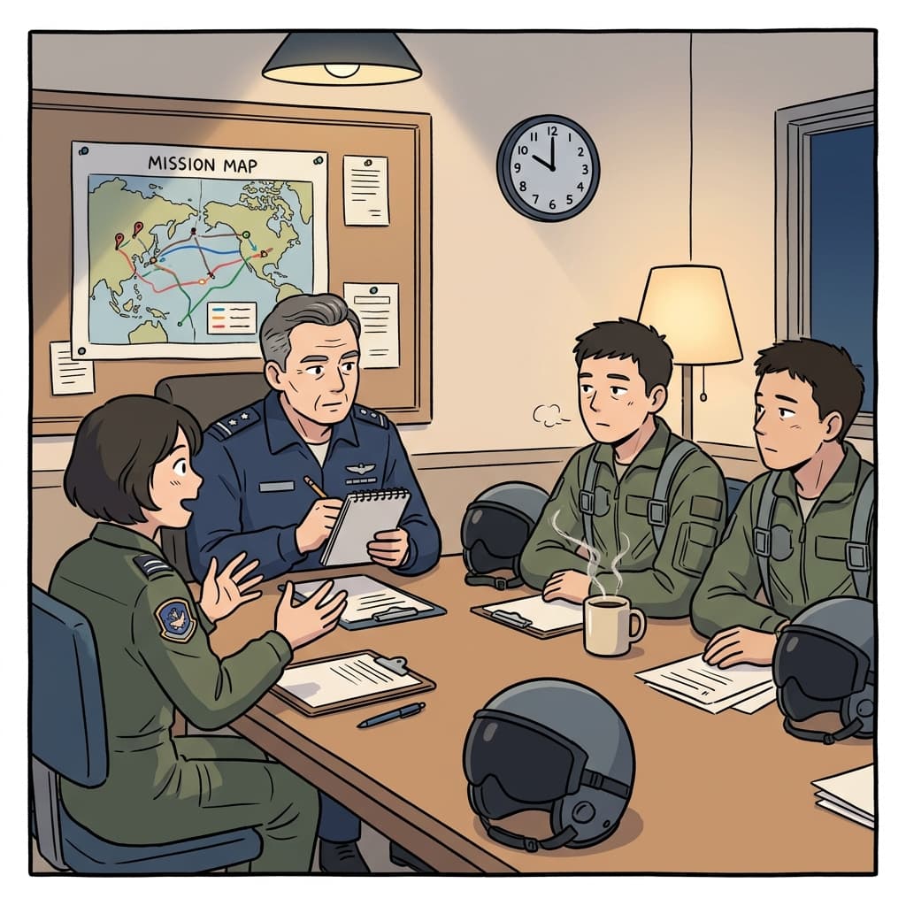 After the mission, the commander began to debrief the pilots in a quiet room.