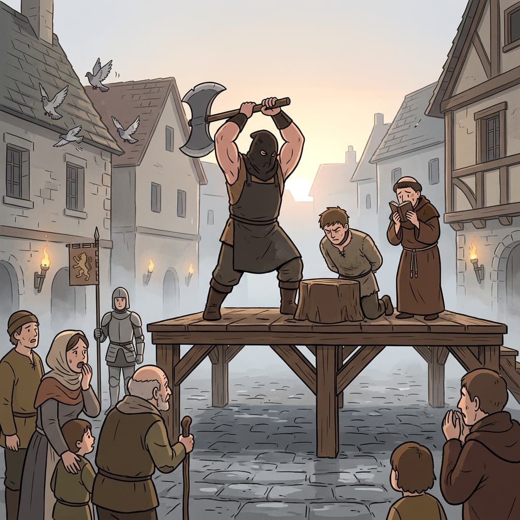 The executioner raised his axe to decapitate the condemned traitor at dawn.