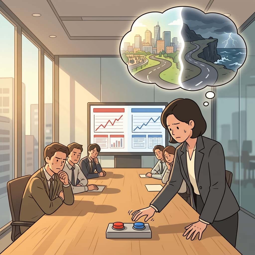 The CEO weighs two paths during a tense board meeting decision making moment.