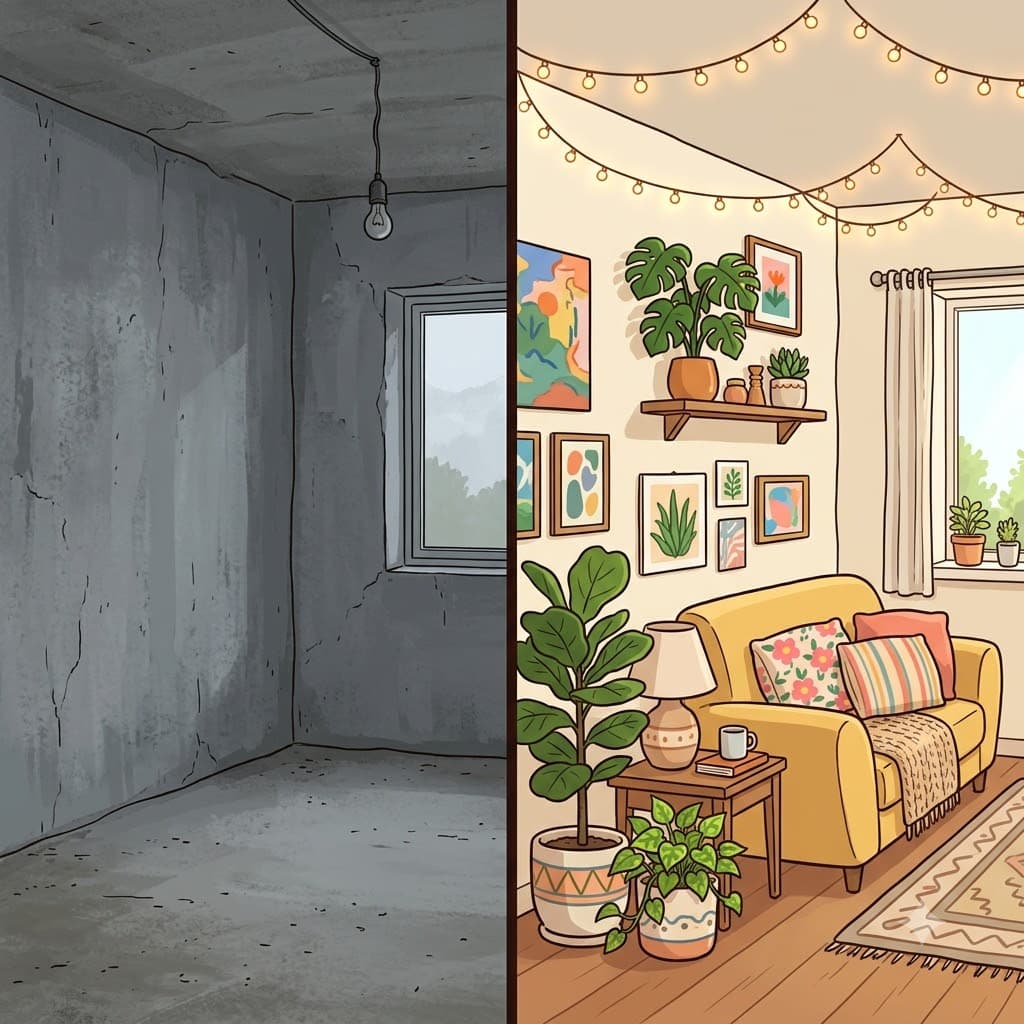 The plain gray room was completely transformed by the beautiful new decor.