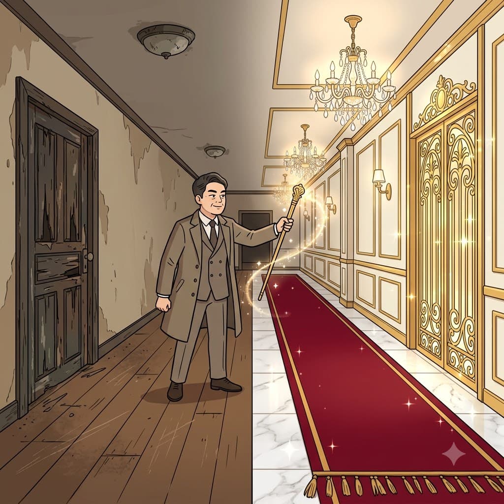 From the old wooden door to the dusty floor, the rich man completely upgraded the decor.