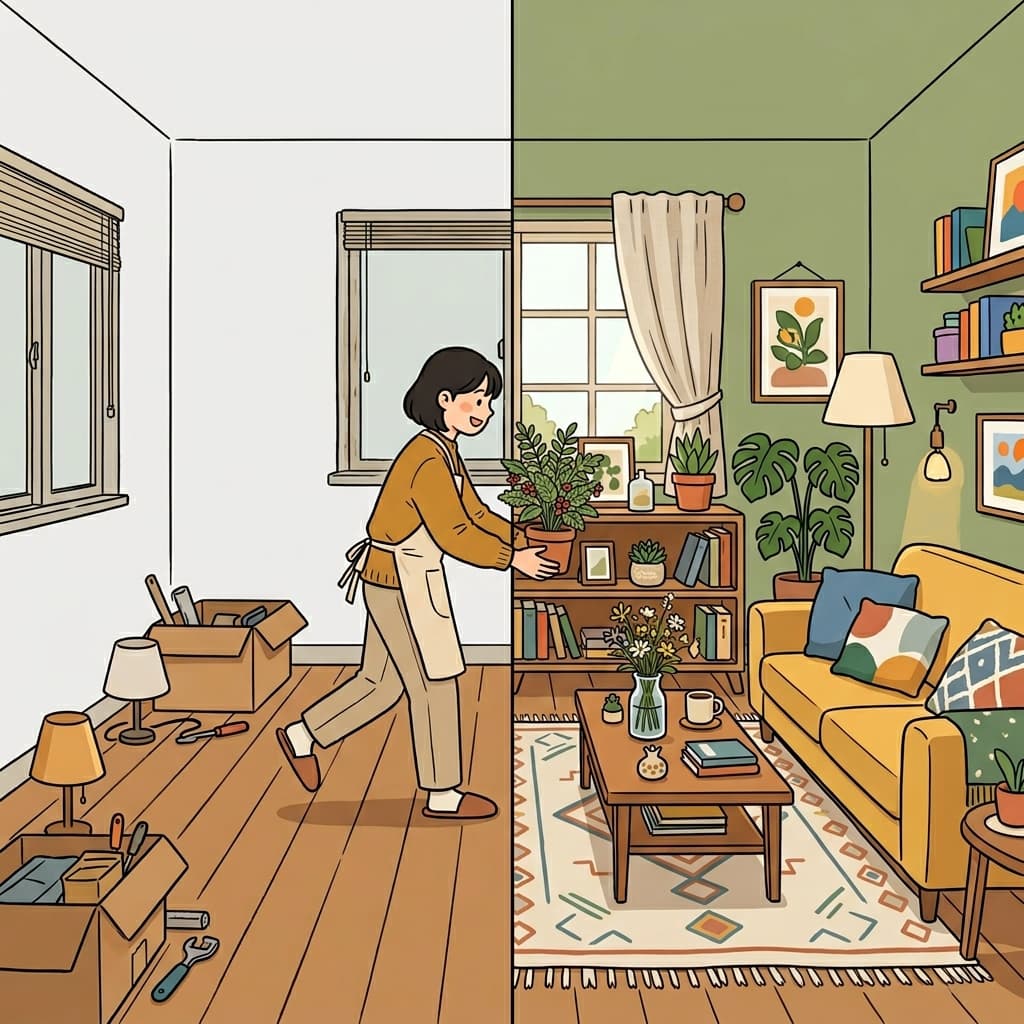 The decorator transformed the empty room into a beautiful living space.