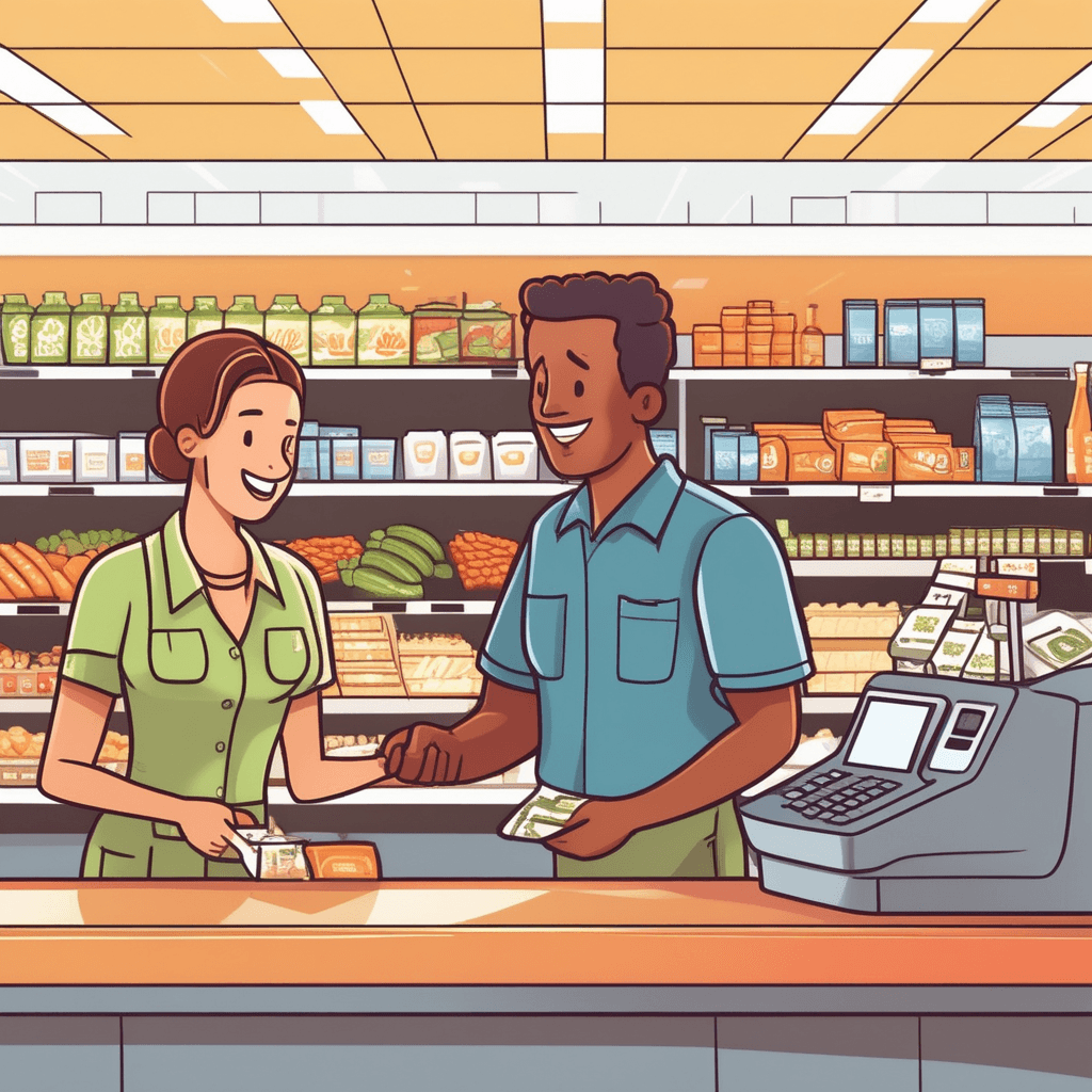 a friendly cashier holds up a receipt while using a calculator to subtract coupon amounts from the total bill. The cashier points to different items on the receipt as she removes their costs one by one. The customer watches as the final amount gets smaller with each subtraction. Other shoppers wait in line behind them holding their own coupons and discount cards. money being deducted to take away amounts from the original total