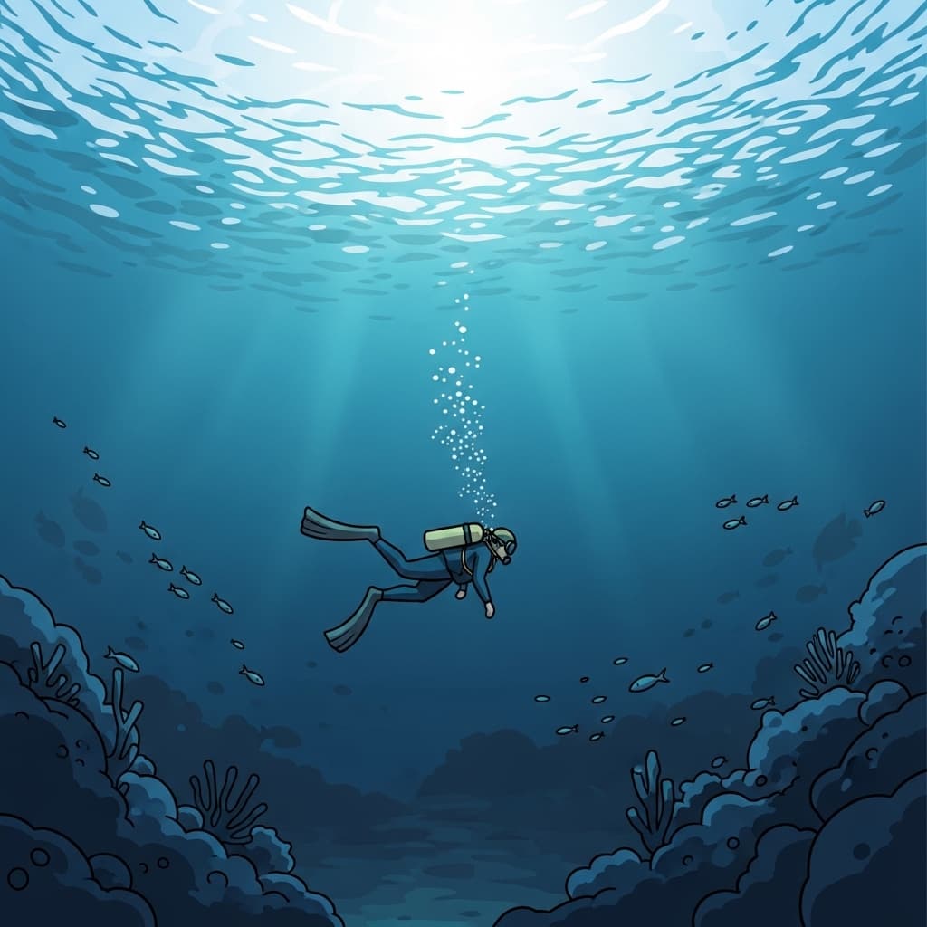The diver swims deep beneath the ocean surface.