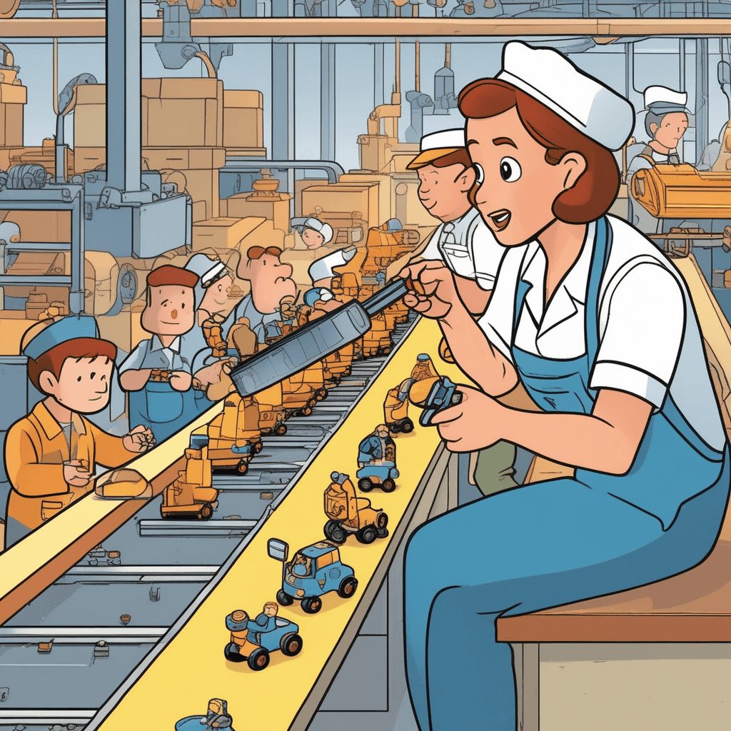 a quality control inspector carefully examines a toy car with a magnifying glass. She points to a visible crack in the plastic wheel and a missing door handle. The inspector sets the flawed toy aside in a rejection bin while reaching for the next item. A perfect toy car sits nearby showing how the product should look. Factory workers in the background notice the inspection process and nod approvingly. faults and imperfections being identified in manufactured products