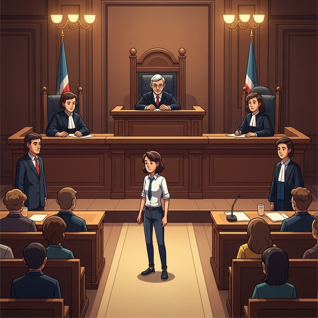 The defendant stands in court while the judge listens to the case.