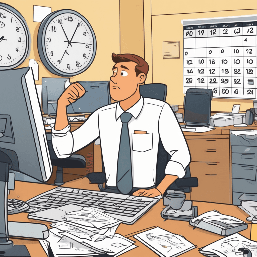 an office worker sits at a desk pointing to tomorrow's date on a large wall calendar while pushing aside a stack of papers. She moves several urgent-looking documents from today's pile into tomorrow's folder with a relieved expression. The papers that were marked for today now sit in a clearly labeled tomorrow section. Her computer screen shows a rescheduled meeting notification. A coworker nearby nods approvingly while also moving his own tasks to later time slots. tasks being postponed or delayed to a later time
