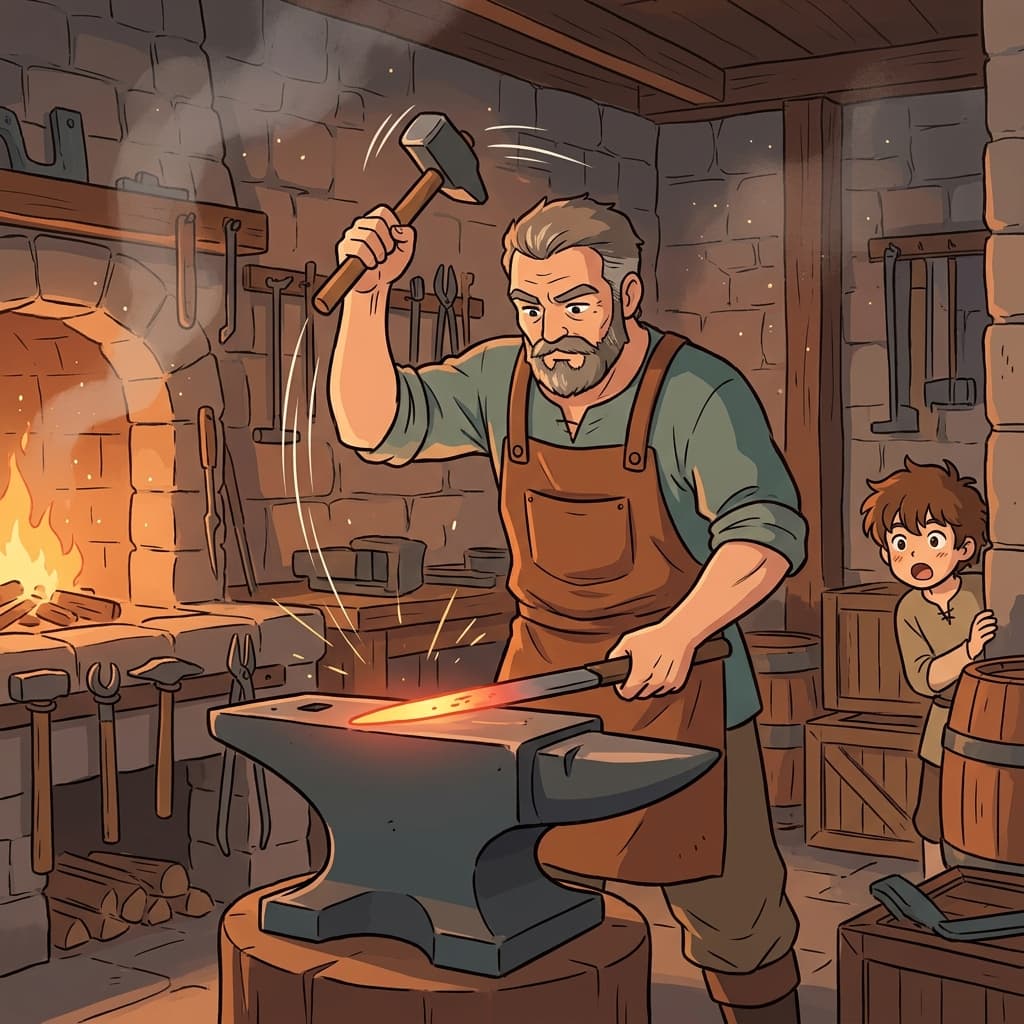 The blacksmith deftly hammers the glowing blade into a perfect curve.