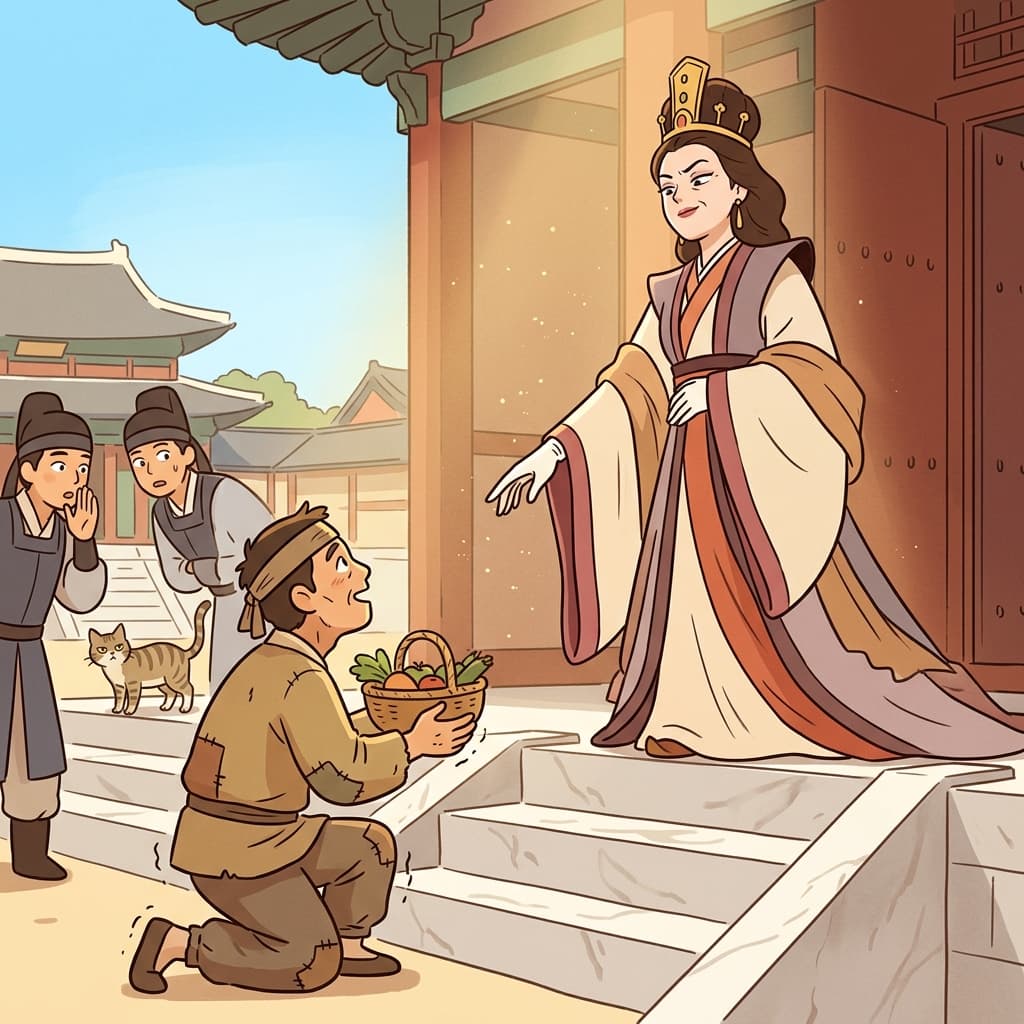 The queen finally deigned to greet the humble farmer at her palace gate.