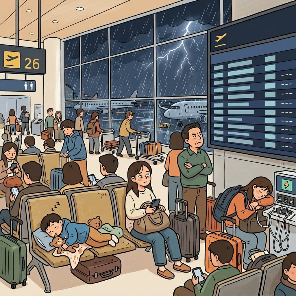 The storm caused a long delay just before the flight was supposed to depart.