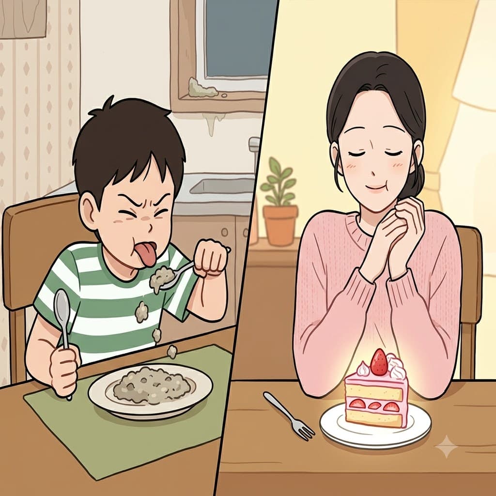 While the child spit out the disgusting grey mush, the lady closed her eyes to savor the truly delectable strawberry cake.