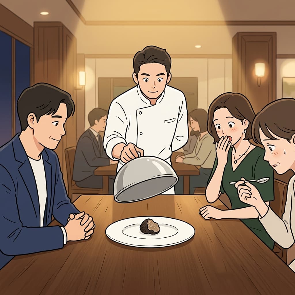 The chef presents a rare delicacy: a single truffle on white porcelain.