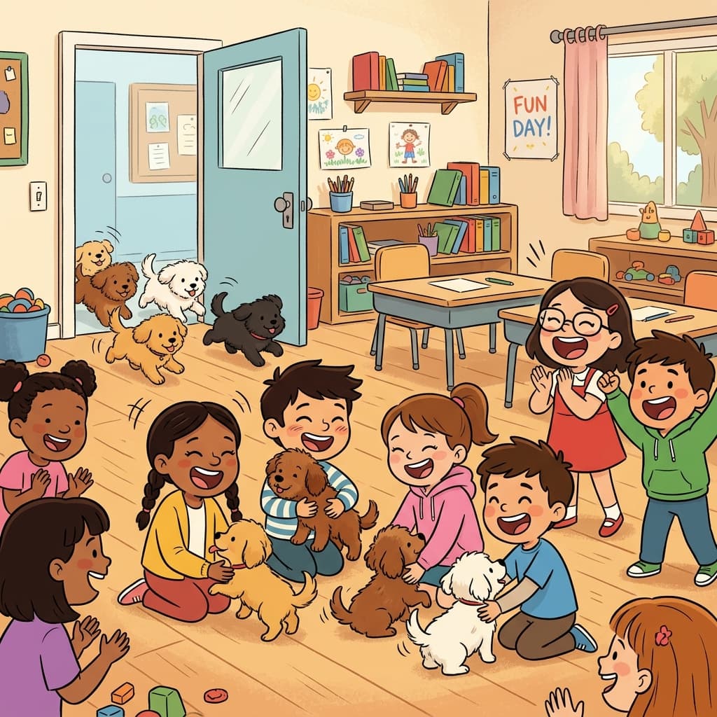 The puppies' surprise visit filled the children with delight.