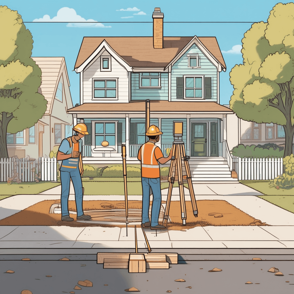 a professional surveyor carefully places wooden stakes into the ground along a straight line between two houses. She uses measuring tools and a level to ensure each marker is positioned exactly right. The stakes create a clear visible line that separates one neighbor's yard from the other's yard. Before the surveyor arrived, both neighbors were confused about where their properties ended. Now both homeowners stand nearby watching as the boundary becomes clearly defined. One neighbor points to his side while the other nods in understanding about her side. the process of fixing and marking the boundaries between two properties