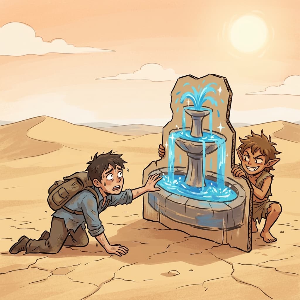 The painted fountain was a delusive illusion that fooled the exhausted traveler.