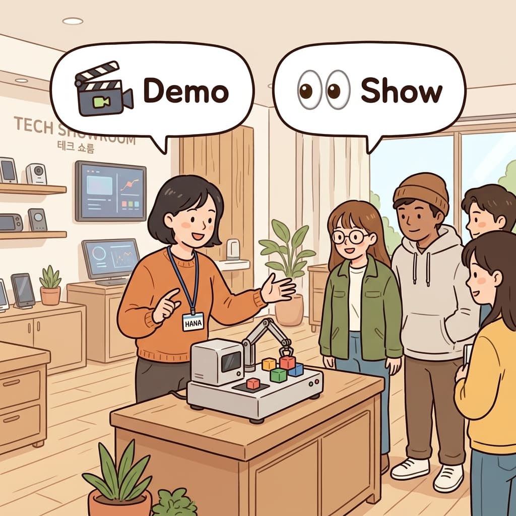 The machine demonstration helped everyone learn how it worked. (Demo + Show = Demonstrate.)