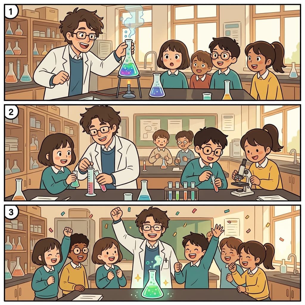 The teacher's demonstration was followed by a clear explanation, and the class celebrated the successful experiment.