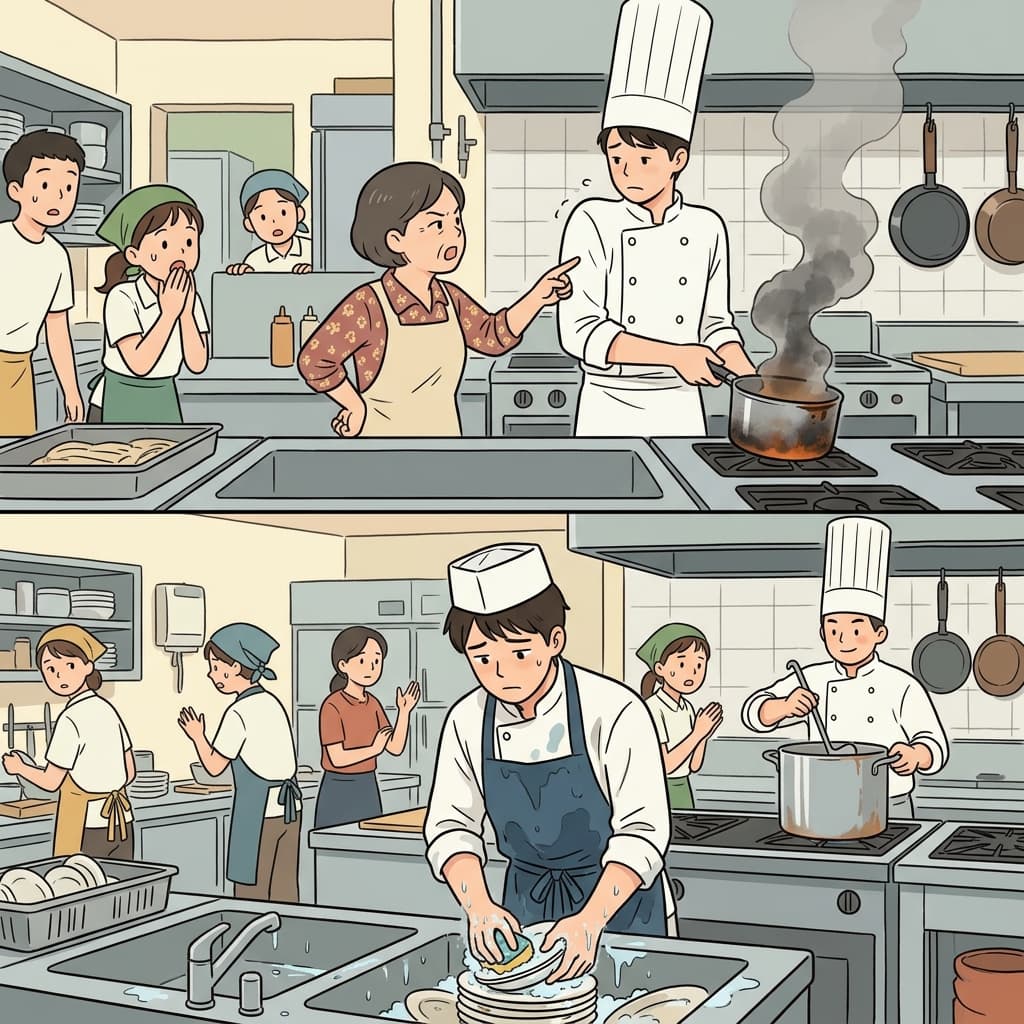 The manager was demoted from head chef to dishwasher after burning the soup.