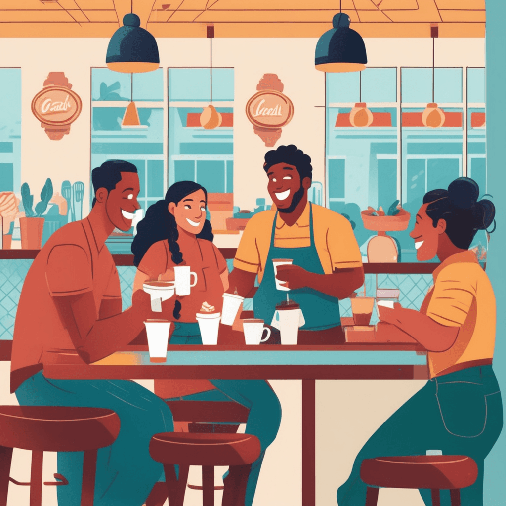a friendly barista leans over the counter chatting with regular customers using relaxed, everyday expressions. The customers respond with slang and casual phrases while gesturing naturally with their hands. Their informal conversation flows easily as they discuss local neighborhood gossip and daily life. Other patrons at nearby tables engage in similar down-to-earth discussions using simple, common words. ordinary people using the kind of language spoken by regular folks in daily life