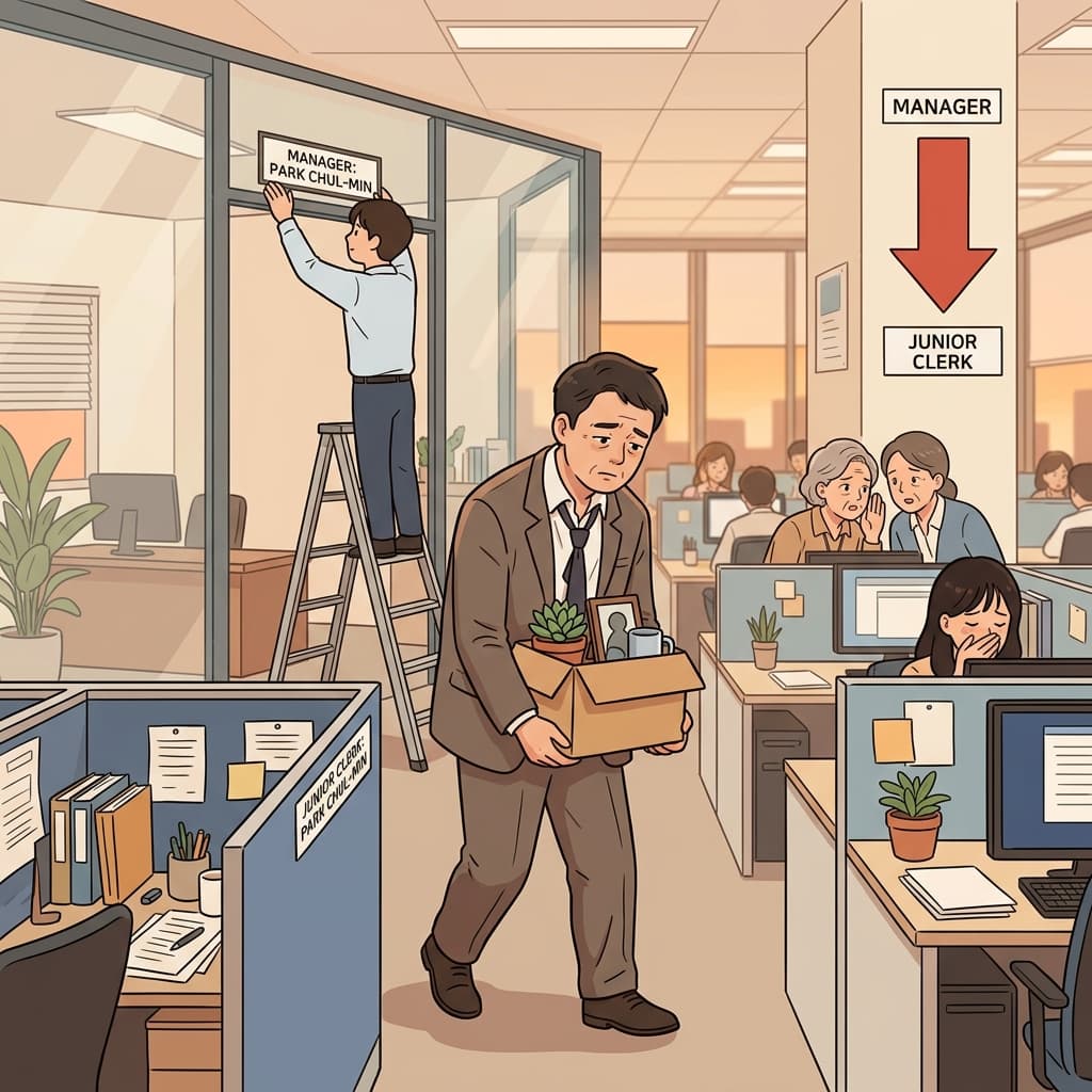 After the scandal, the manager faced a demotion back to junior clerk.