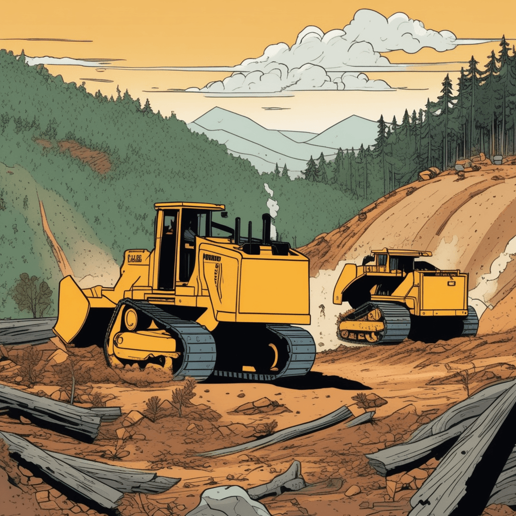 a bulldozer operator pushes down the last remaining trees on a once-forested hillside. The massive machine scrapes away vegetation and topsoil completely. What was previously a lush green forest is now bare brown earth with scattered stumps. The exposed soil shows deep tracks from the heavy equipment. A supervisor standing nearby points toward areas that still need clearing. Another worker examines the completely stripped ground surface. the land being stripped completely bare of all its natural covering