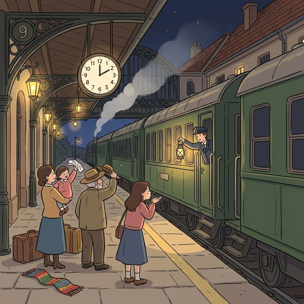 The night train slowly departs from platform nine as travelers wave goodbye.