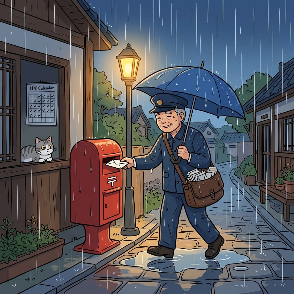 Rain or shine, the old postman is always dependable with the morning mail.