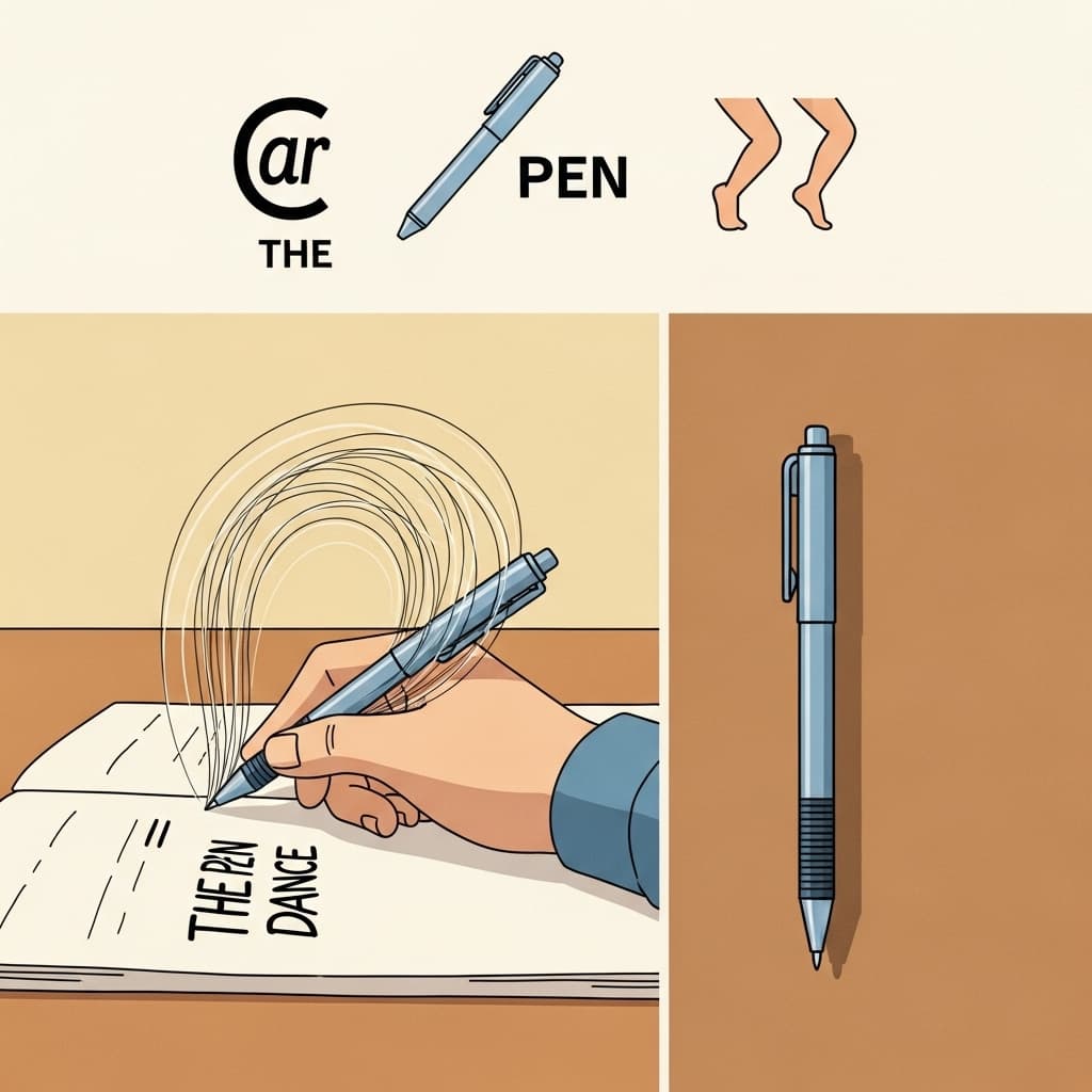 The pen needs the hand for its dance — that's dependence. (THE + PEN + DANCE
→ THE PEN cannot DANCE without a hand holding it
→ THE PEN's DANCE = dependence
→ THE + PEN + DANCE = DEPENDENCE)