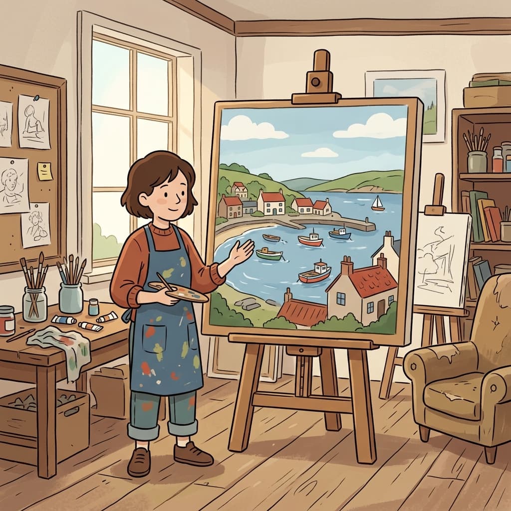 The painting depicts a peaceful village by the sea.