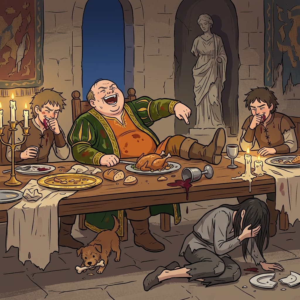 The depraved noble laughs while servants suffer at his lavish feast.