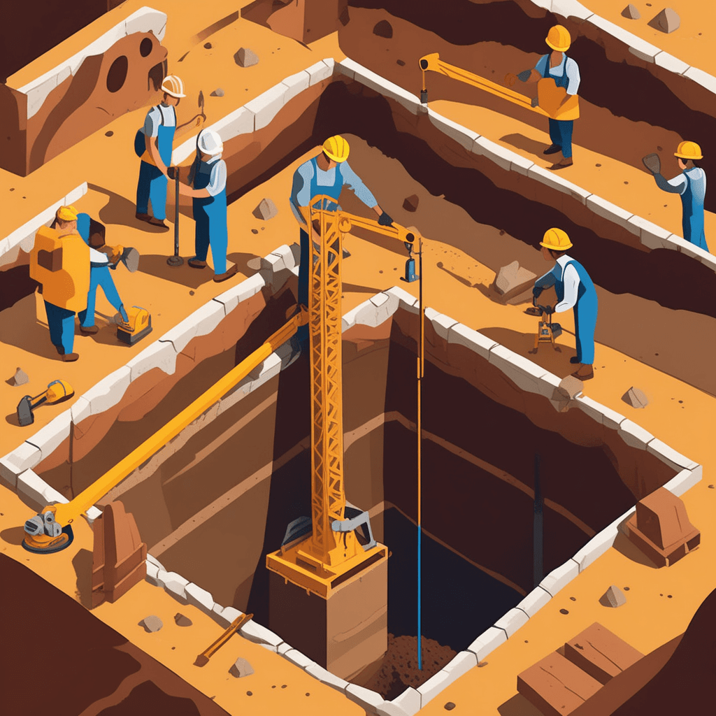 Workers measure the depth of the excavated construction pit