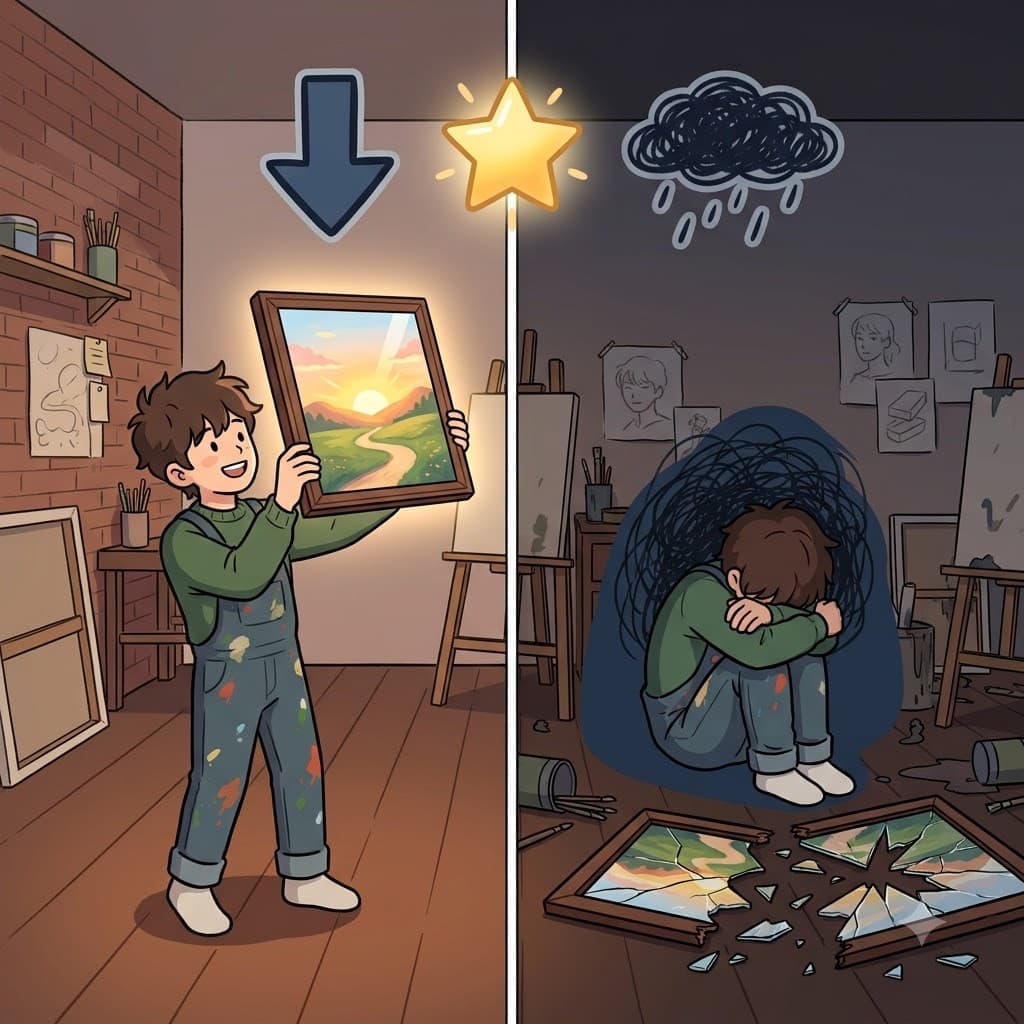 DE(down) + SPOND(promise/hope) + ENT(state) — with his bright SPOND(hope) completely smashed DE(down) to the floor, the artist entered a heavy, despondent state.