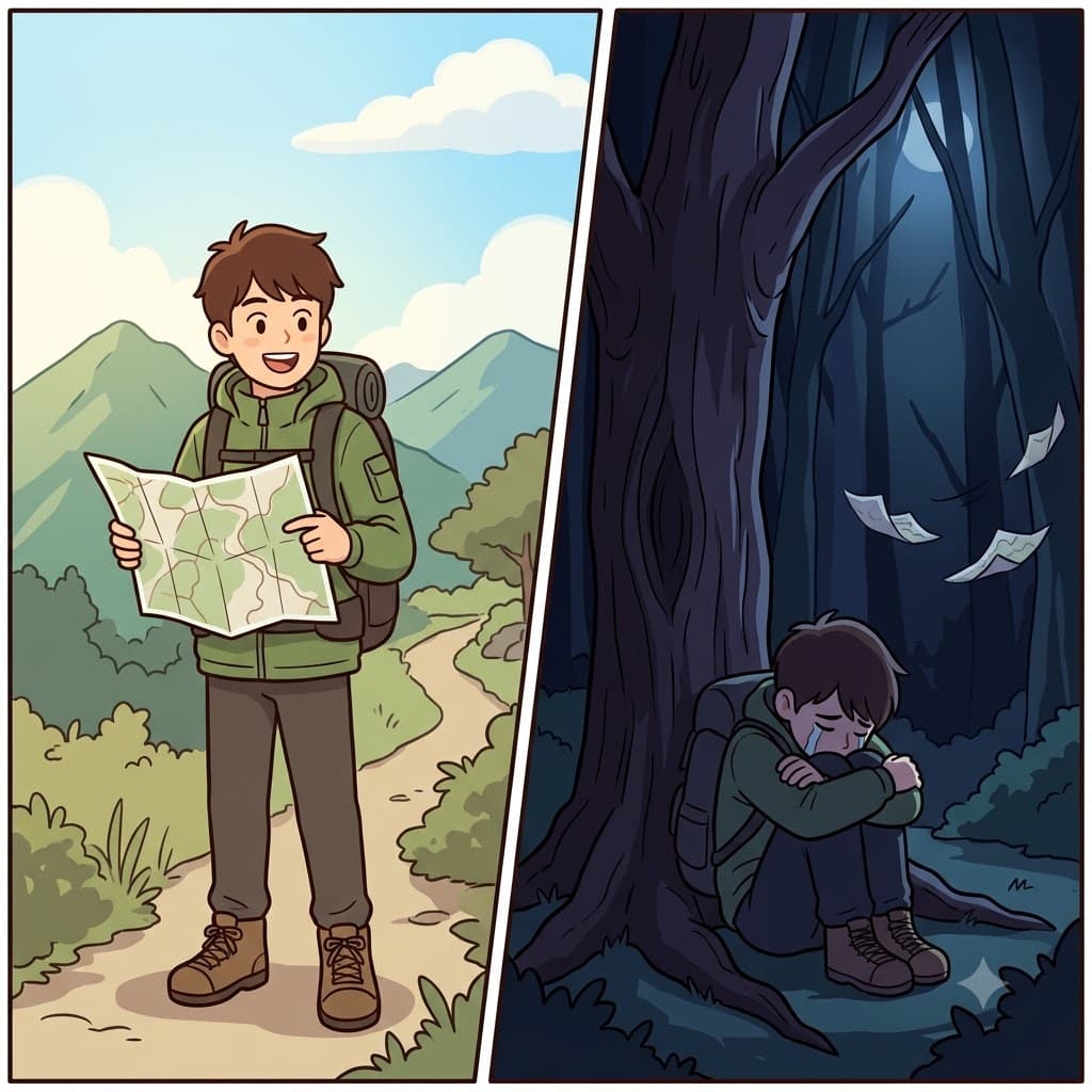 The fiercely independent traveler lost his map and became completely despondent in the dark forest.