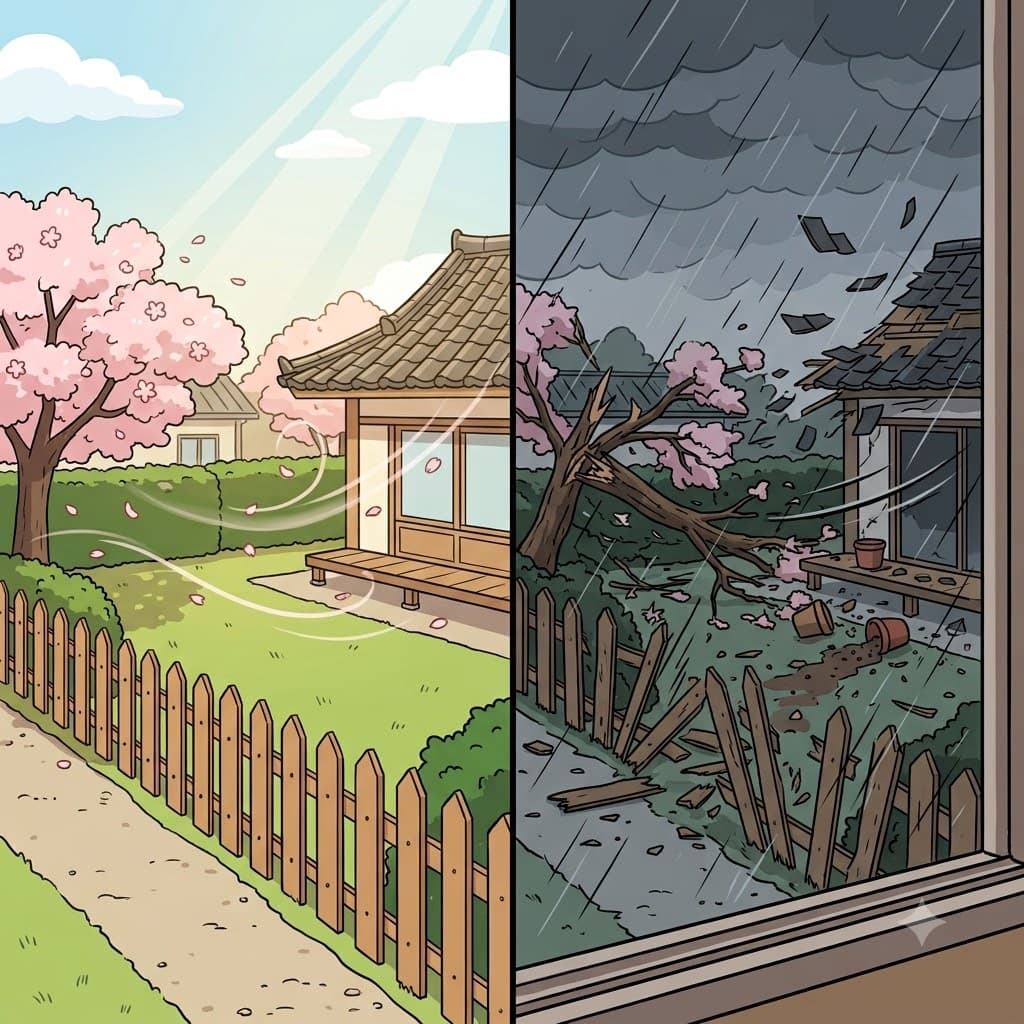 While the gentle breeze merely rustled the summer leaves, the destructive gale tore branches from the trees and shattered garden fences.
