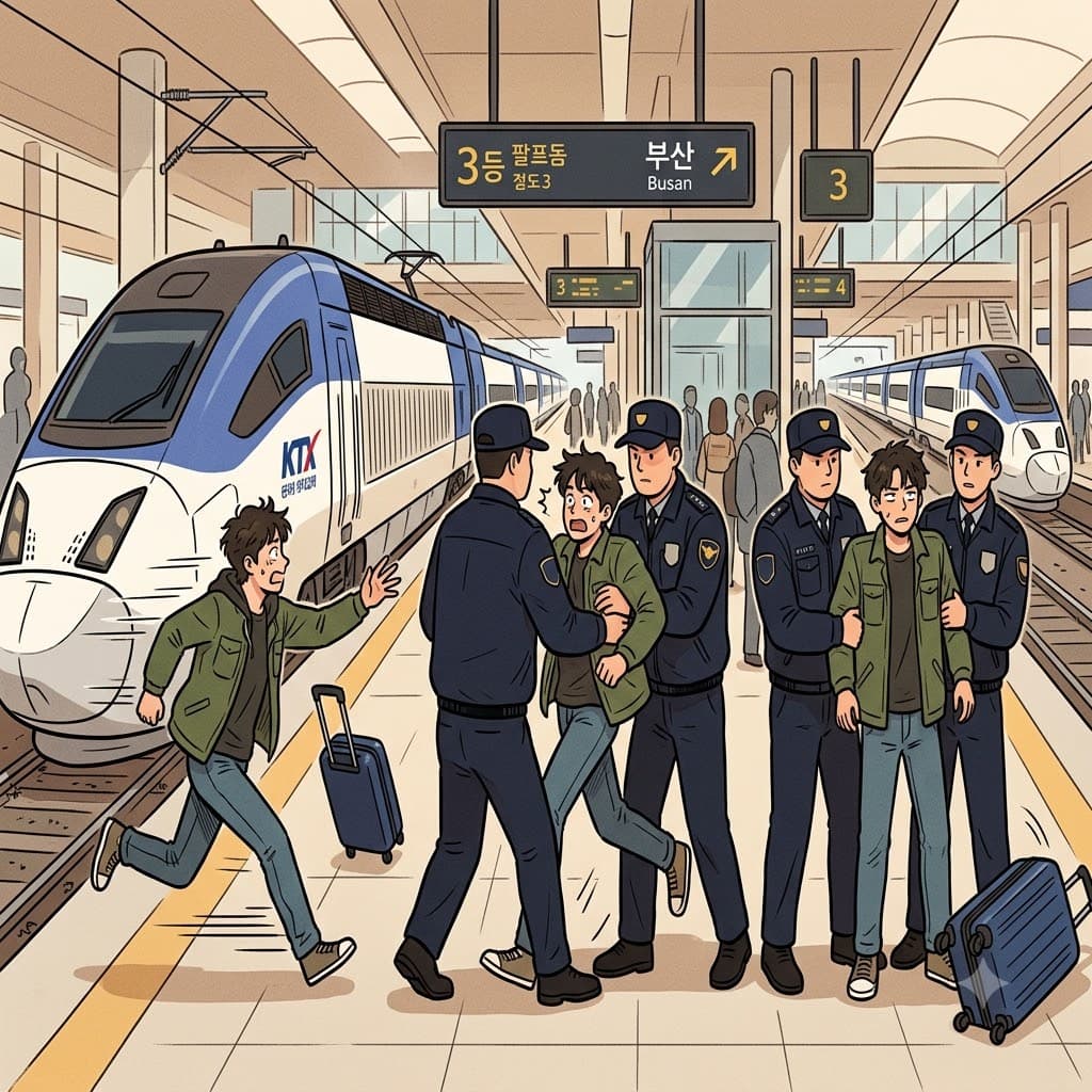 While he was rushing to catch the departing train, the station guards suddenly grabbed him to detain him for questioning.